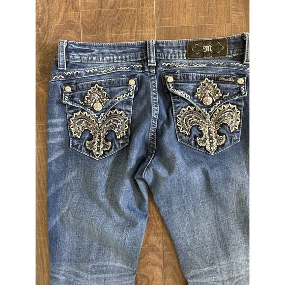 Miss Me Jeans Womens 31 Blue Signature Boot Fleur de Lis Rhinestone Embroidered - Picture 2 of 5